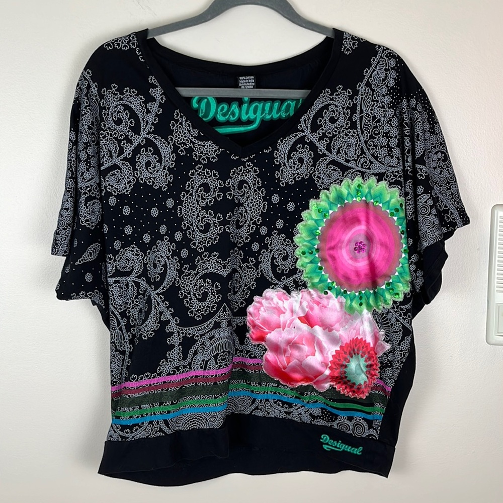 Desigual Black w/ White design & Satin embroidered Floral Patch w/Sequins, L